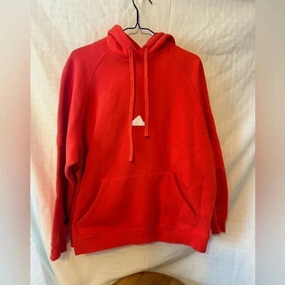 Mens Adidas Hoodie Sz XL red Orange Hooded Sweatshirt Logo Athletic Euc Heavy